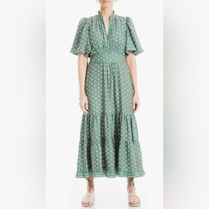 Max Studio Women's Flutter Sleeve Printed V-Neck Maxi Dress Medium
